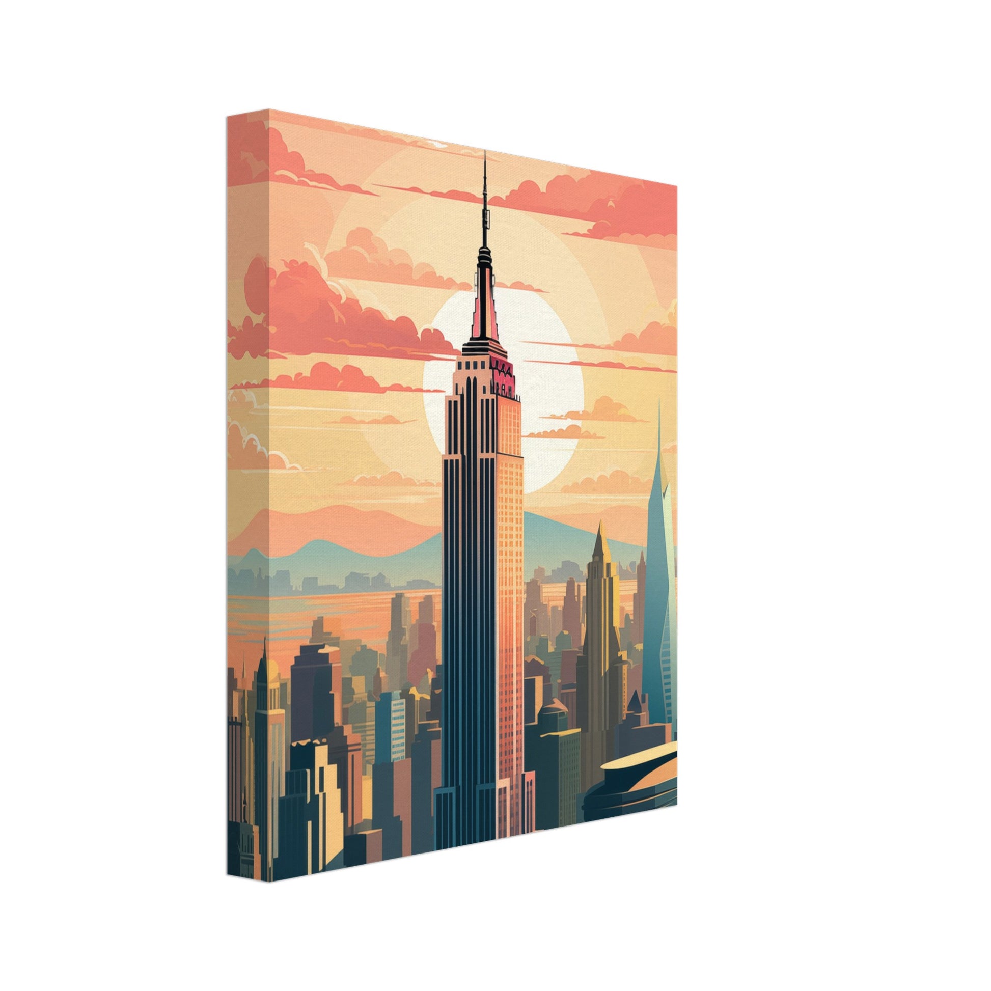 Leinwand „New York Skyline im Morgengrauen“ mit New-York-Skyline mit Empire State Building in warmen Pastelltönen, 20x25 cm