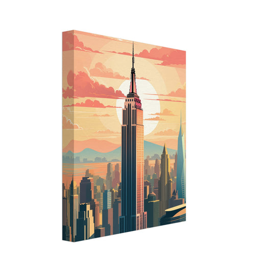 Leinwand „New York Skyline im Morgengrauen“ mit New-York-Skyline mit Empire State Building in warmen Pastelltönen, 20x25 cm