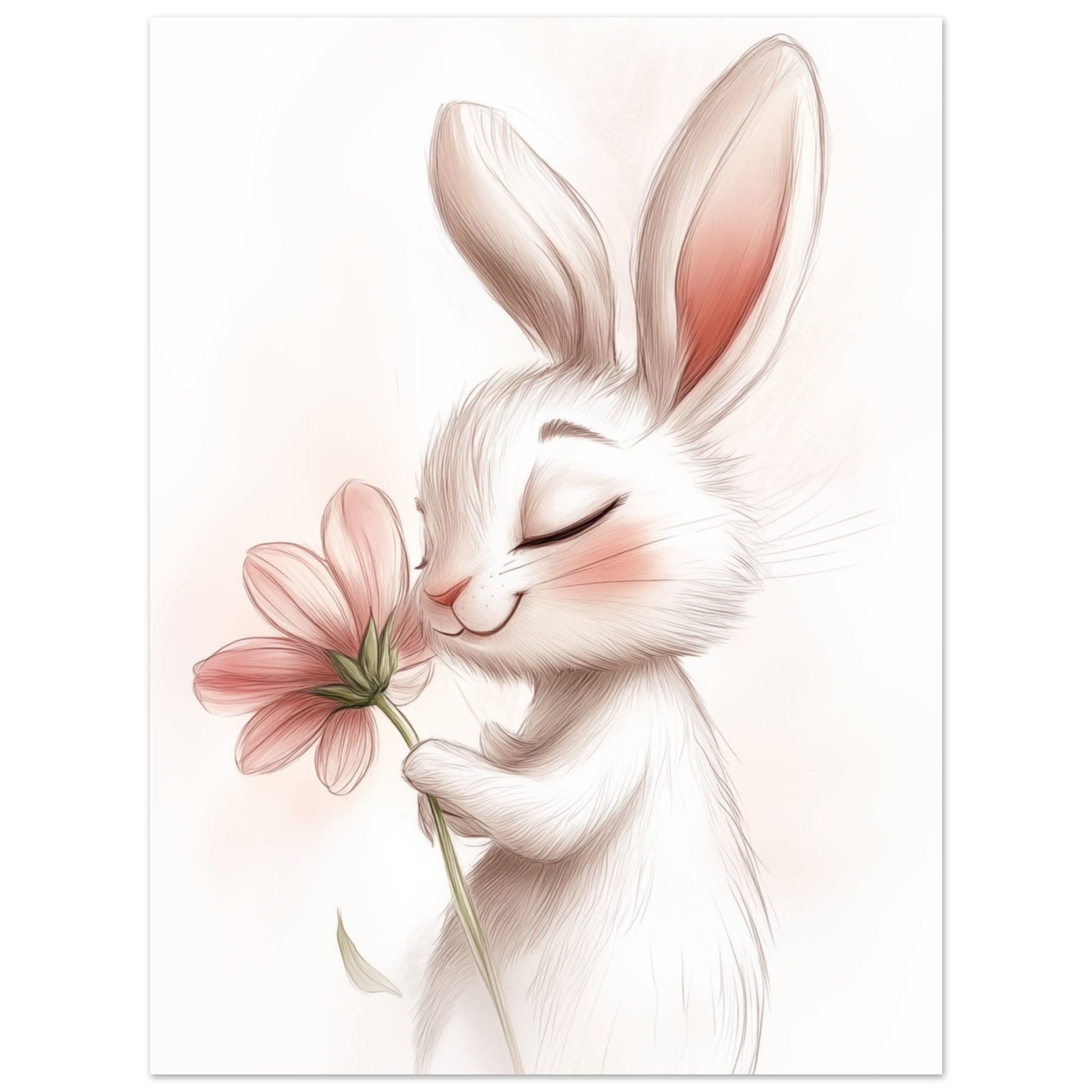 Wandbild „Niedliches Kaninchen mit Blume“ mit niedliches weißes Kaninchen mit rosa Blume in zarter Aquarelloptik, 30x40 cm