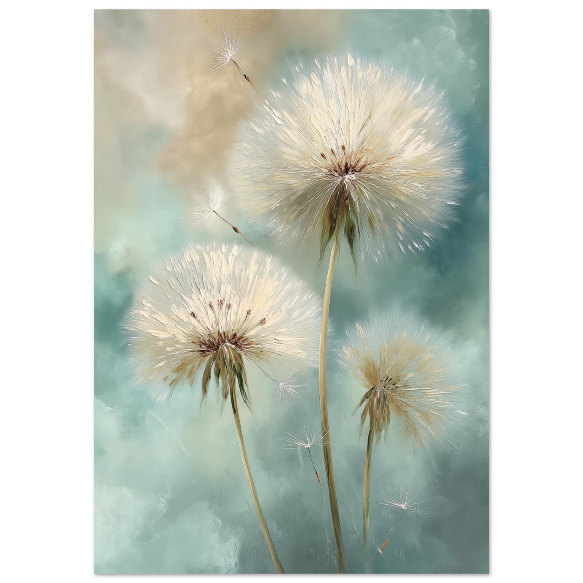 Wandbild „Pusteblumen im Wind“ mit drei Pusteblumen vor Hintergrund in Mint, Creme und Sand, 70x100 cm