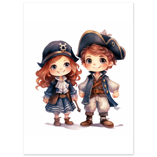 Poster „Kapitänin Clara und Erster Maat Max“ mit zwei niedliche Piratenkinder mit Hüten und Kostümen auf hellem Grund, 13x18 cm