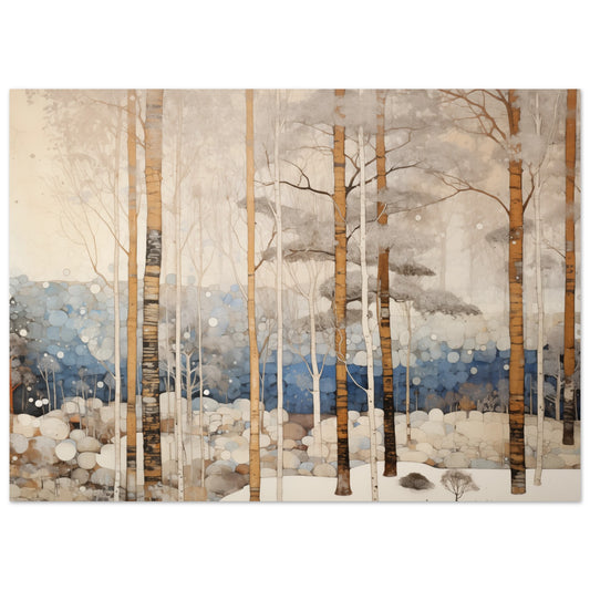 Poster „Wintermorgen“ mit winterlichem Birkenwald mit Gold- und Blautönen, 13x18 cm