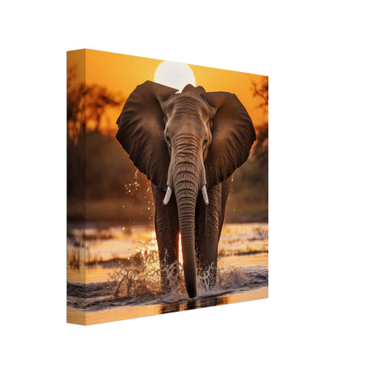 Leinwand „Goliaths Gang“ mit Elefant im flachen Wasser vor warmem orangefarbenem Savannen-Sonnenuntergang, 20x20 cm