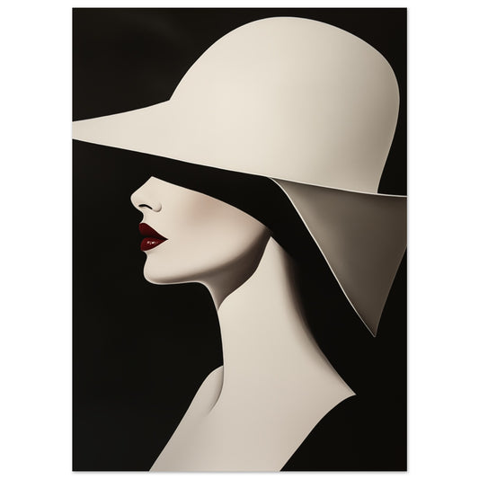 Poster „Minimalistisches Profil“ mit Frauenprofil mit großem cremefarbenem Hut und roten Lippen, 13x18 cm