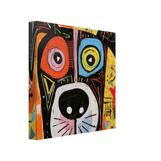 Leinwand „Lebendiger Instinkt“ mit expressivem Hundegesicht mit Graffiti- und Farbspritzern, 20x20 cm