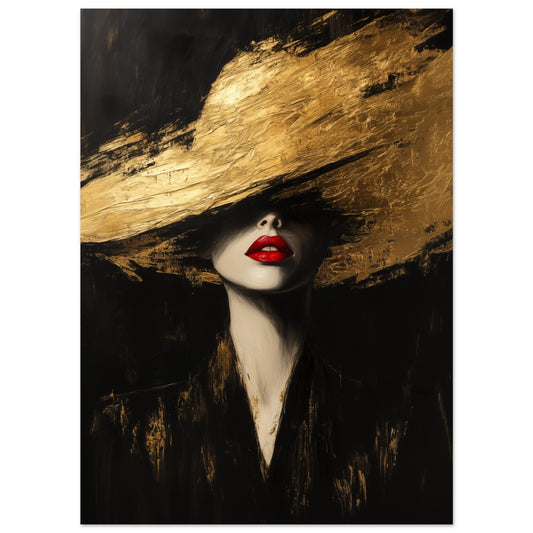 Poster „Goldene Eleganz“ mit Frauenporträt mit roten Lippen und großer goldener Hutform, 13x18 cm