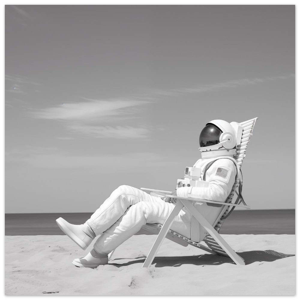 Poster „Ruhepause im All“ mit Astronaut im Liegestuhl auf karger Mondlandschaft in Schwarzweiß, 30x30 cm