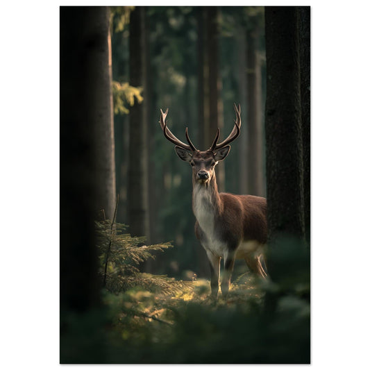 Poster „Edelhirsch im Morgenlicht“, 70 × 100 cm, mit einem Edelhirsch im Wald zwischen warmen Sonnenstrahlen