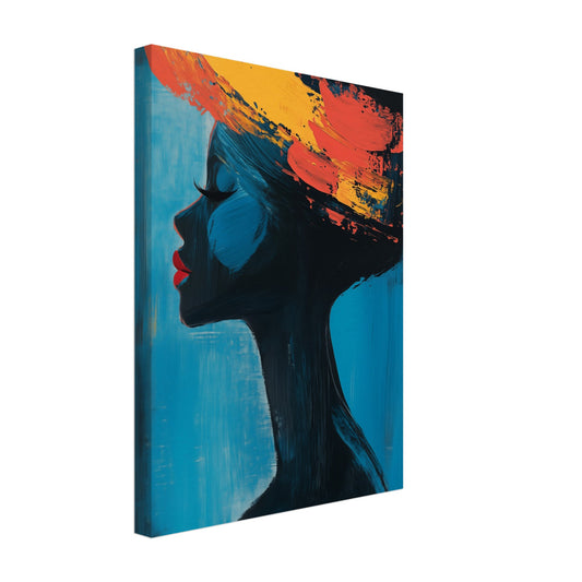 Leinwand „Silhouette mit lebendigen Farben“ mit Frauenprofil mit orangegelben Pinselstrichen vor Blau, 30x40 cm