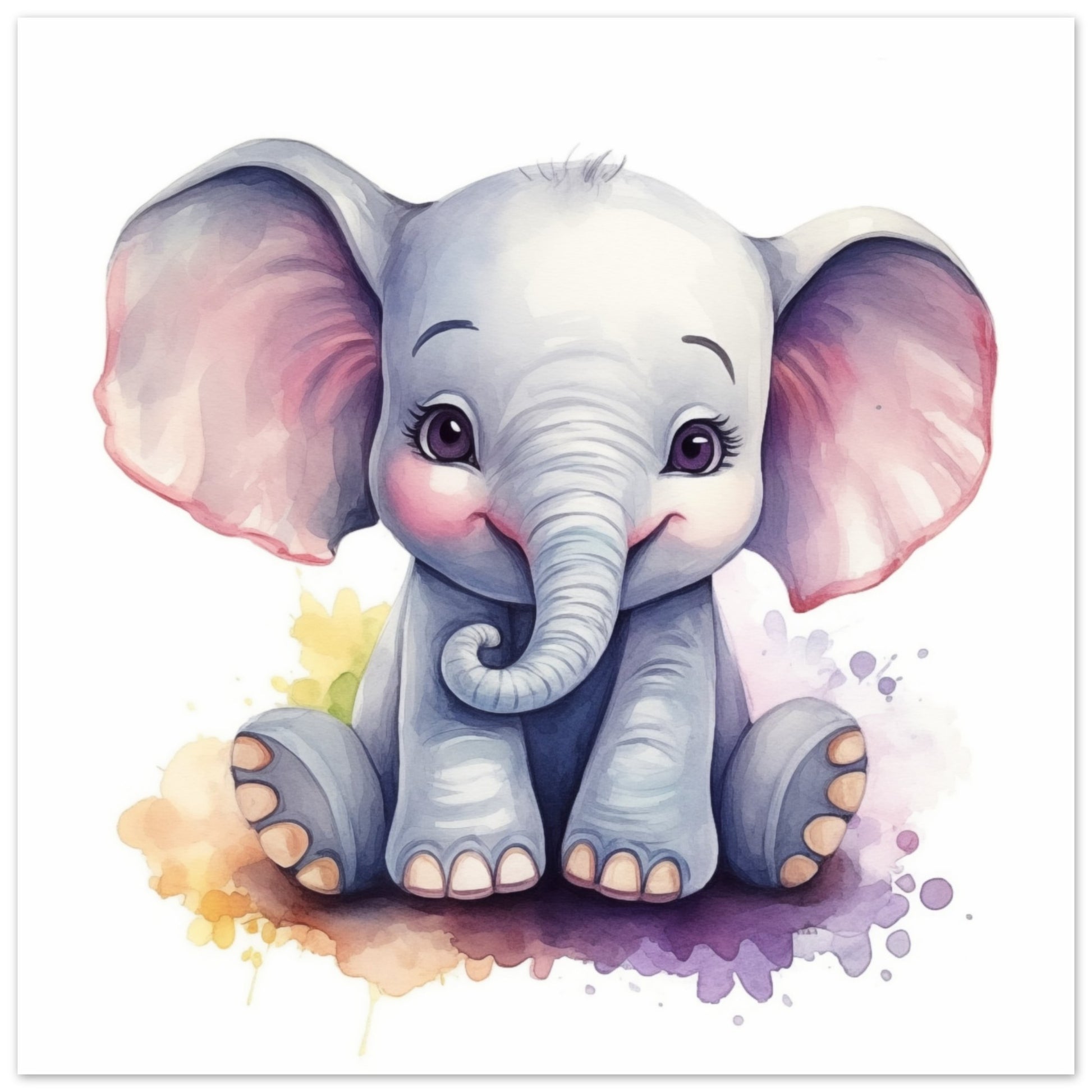 Poster „Elefant "Ellie"“ mit niedlicher grauer Babyelefant mit rosa Ohren und Aquarellspritze, 25x25 cm