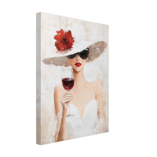 Leinwand „Impressionistische Eleganz“ mit eleganter Frau im weißen Kleid mit großem Hut und roter Blüte, 30x40 cm
