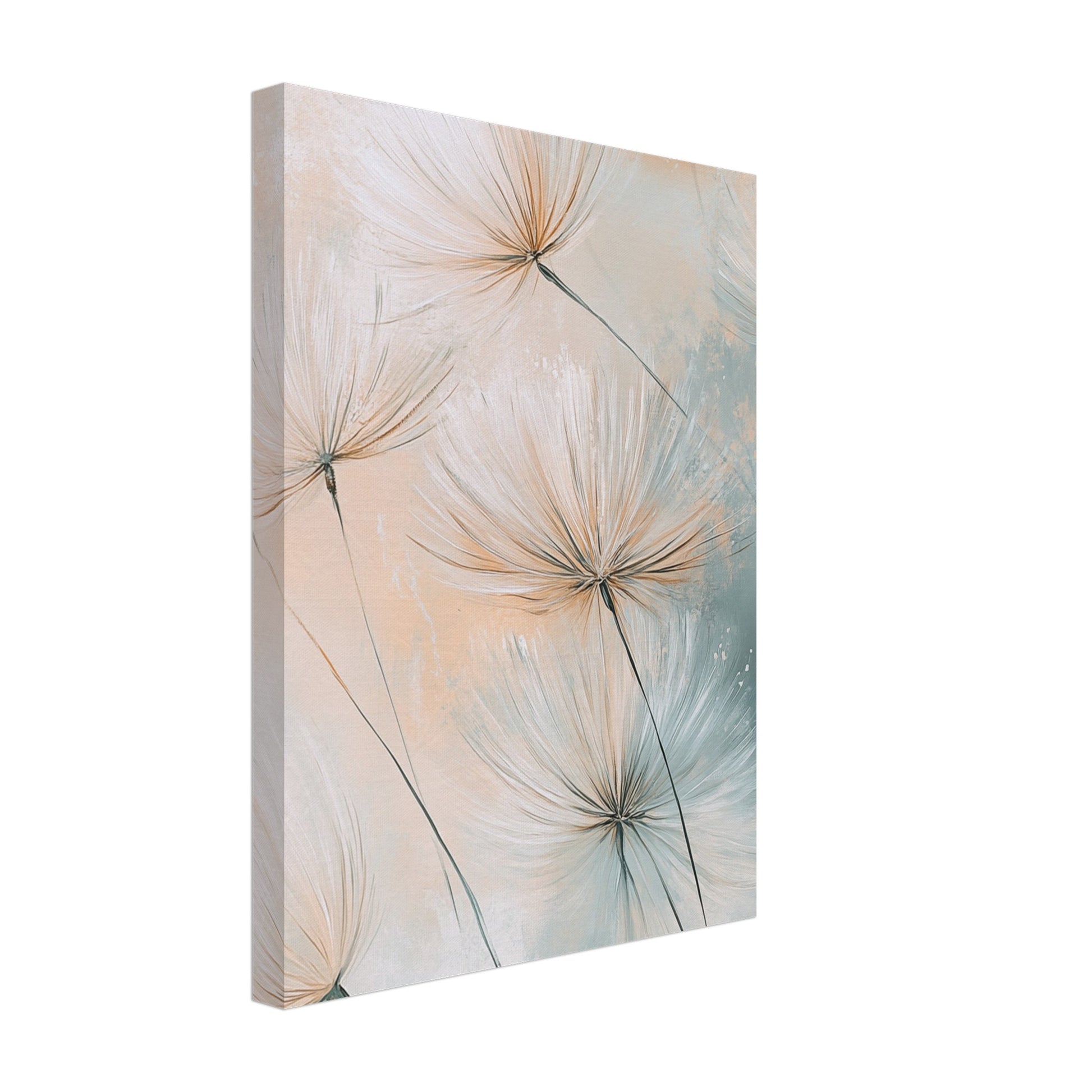 Leinwand „Leichtigkeit der Natur“ mit zarte Löwenzahnsamen in Creme, Apricot und hellem Türkis, 30x40 cm