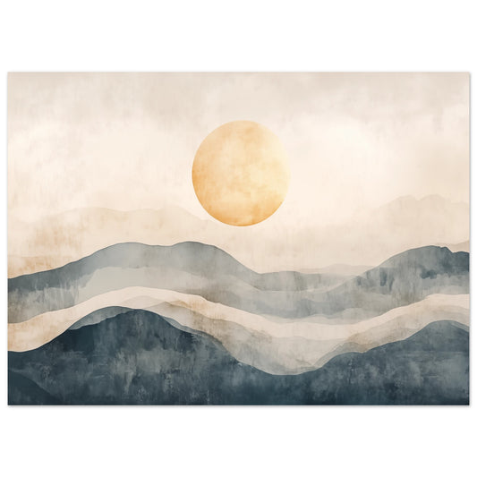 Poster „Japandi Sonnenaufgang“ mit abstrakte Berglandschaft im Japandi-Stil mit heller Sonne in warmen Beige- und Grautönen, 13x18 cm
