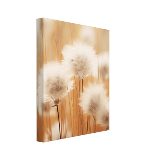Leinwand „Cotton Calm“ mit weiche weiße Samenstände in warmem goldenem Licht, Format 20 × 25 cm