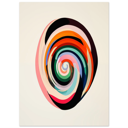 Poster „Farbenfrohe Spirale“ mit abstrakte Spirale aus Schwarz, Rosa, Orange, Türkis und Grün auf hellem Grund, 13x18 cm