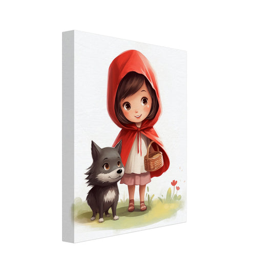 Leinwand „Ruby im Zauberwald“ mit Mädchen mit roter Kapuze und grauem Wolf, 20x25 cm
