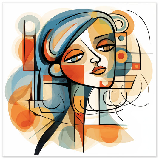 Poster „Geometrische Verschmelzung“ mit stilisiertem Frauenporträt in Blau, Orange und Creme, 25x25 cm