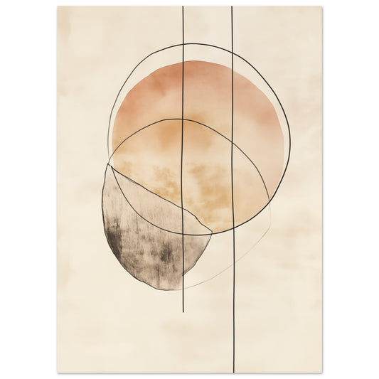 Poster „Harmonie der Linien“ mit überlagerte transparente Kreise und feine Linien in Apricot, Beige, Grau und Schwarz, 13x18 cm