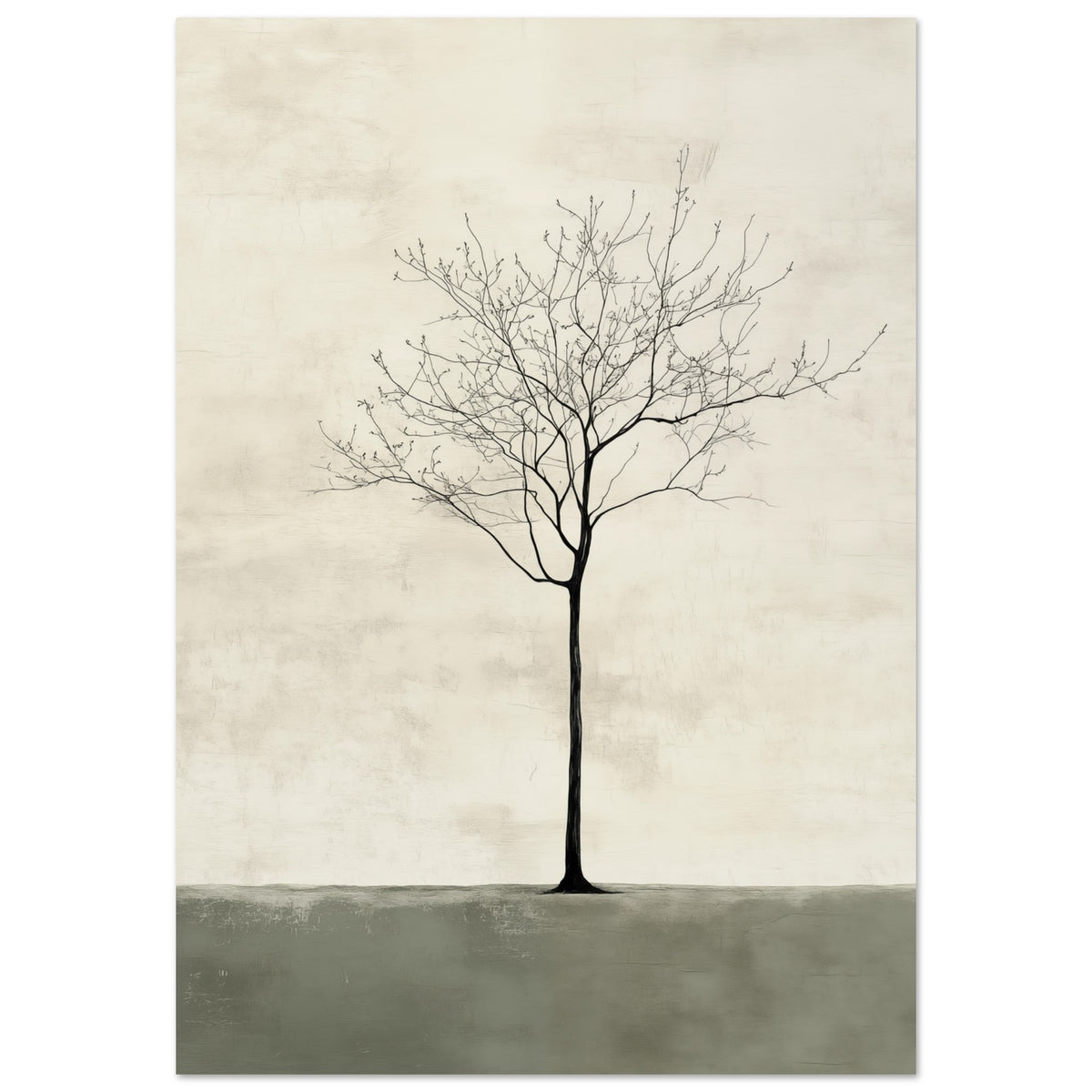 Poster „Einsamer Baum“ mit einsamer kahler Baum auf ruhigem creme-salbeigrünem Hintergrund, 70x100 cm