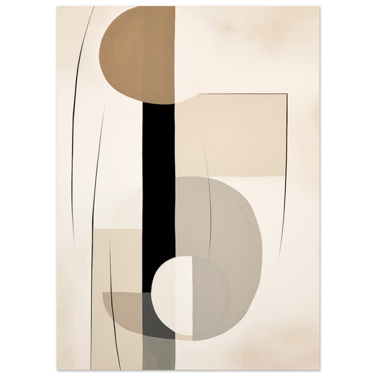 Poster „Intersect“ mit geometrische Komposition aus Kreisen, Linien und Flächen in Creme, Sand, Taupe und Schwarz, 13x18 cm