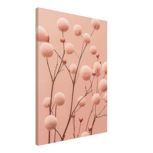 Leinwand „Zarte Blüten in Pastellrosa“ mit runde pastellrosa Blüten auf feinen dunklen Stielen vor rosafarbenem Grund, 50x70 cm