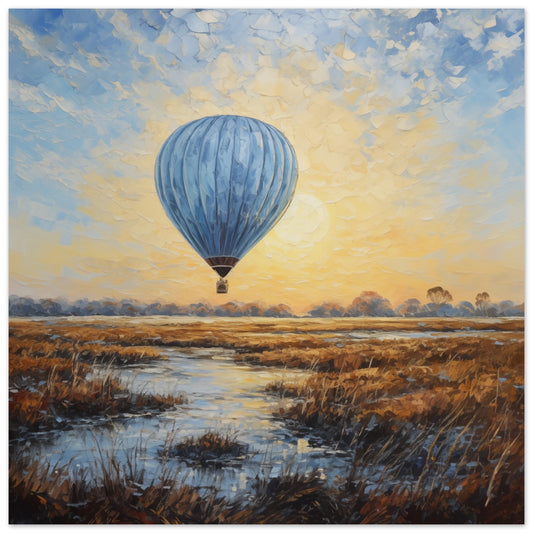 Poster „Himmelsfahrt im Morgengrauen“ mit Heißluftballon über stiller Landschaft im warmen Morgengrauen, 25x25 cm