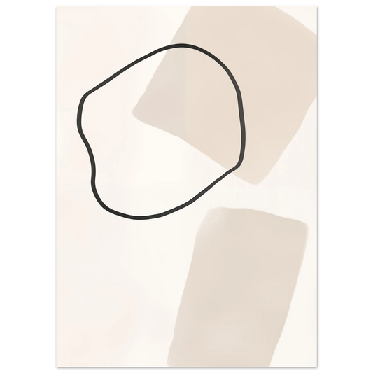 Poster „Abstrakte Balance in Beige“ mit organischen Beigeformen und feiner schwarzer Linienkontur, 13 × 18 cm