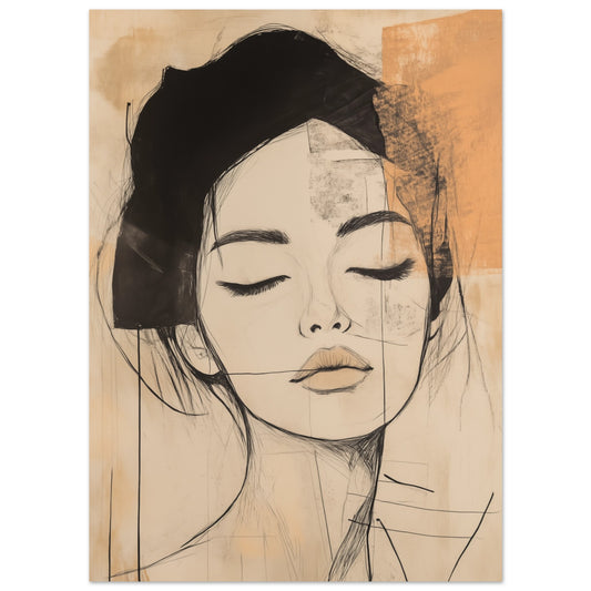 Poster „Zarte Linien im Portrait“ mit Frauenporträt mit geschlossenen Augen in Schwarz und Beige, 13x18 cm