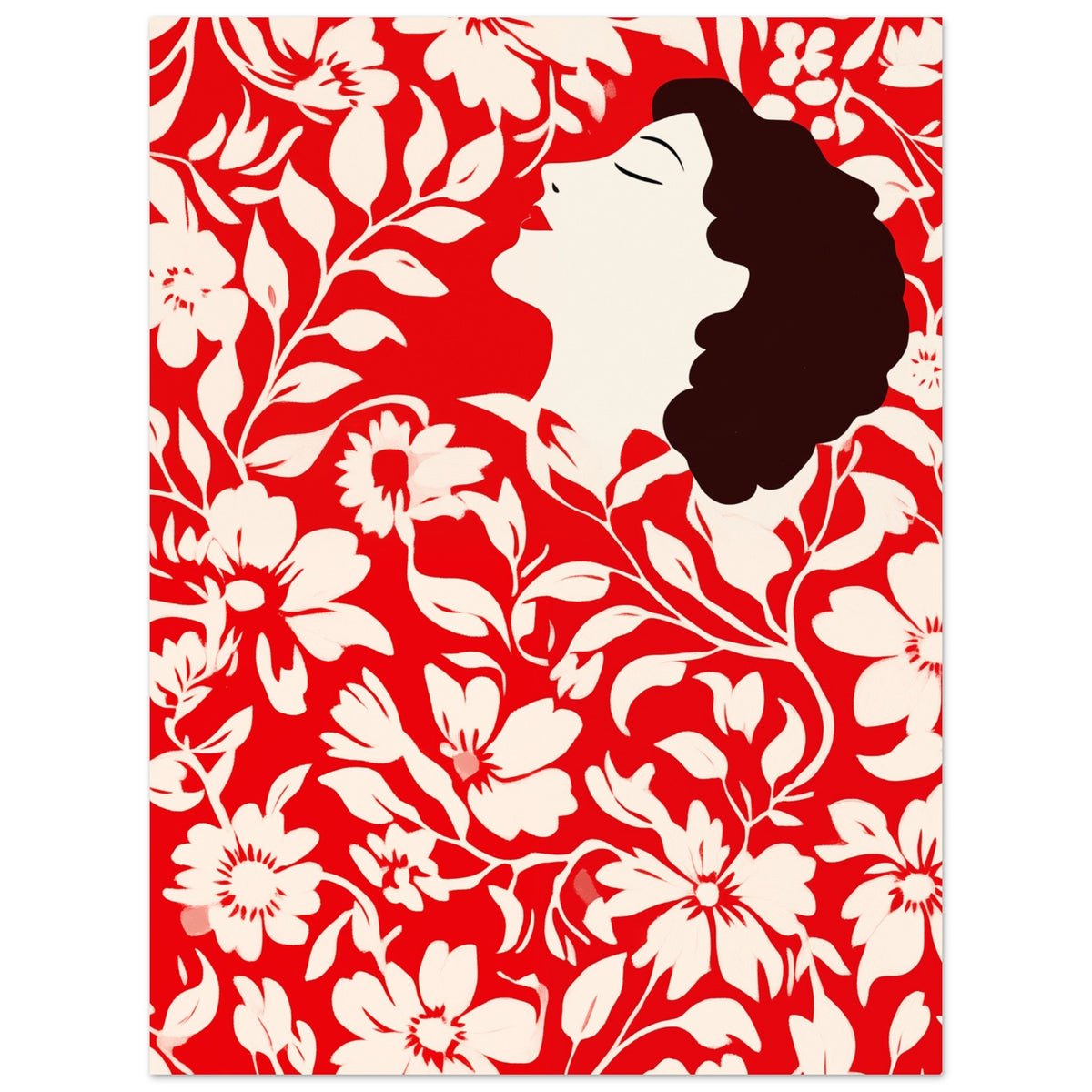 „Blossom Dreams“ als Wandbild mit weibliche Profilsilhouette vor dichtem rot weißem Blütenmuster, Format 30 × 40 cm