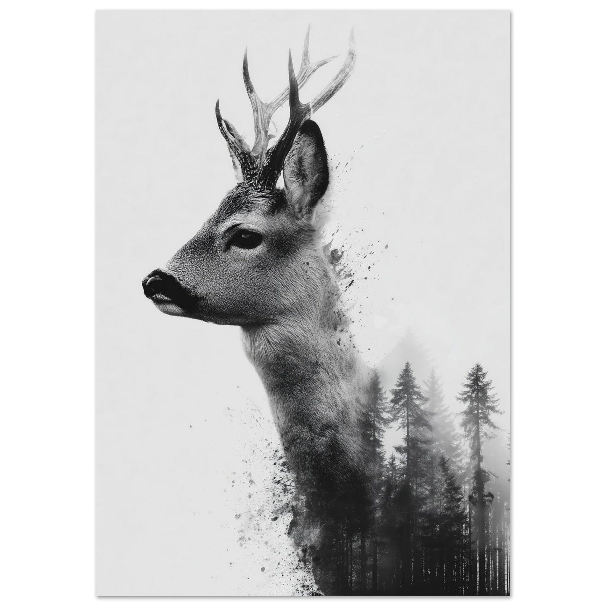 Wandbild „Reh & Wald , Doppelbelichtung in Schwarzweiß“ mit Rehprofil mit dunklem Nadelwald als Schwarzweiß-Doppelbelichtung, 21x29.7 cm