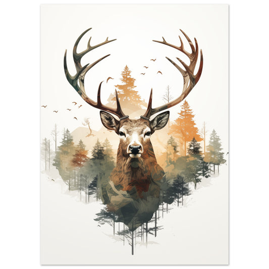 „Waldkönig“ als Poster mit Hirsch mit großem Geweih und Waldlandschaft, 13x18 cm
