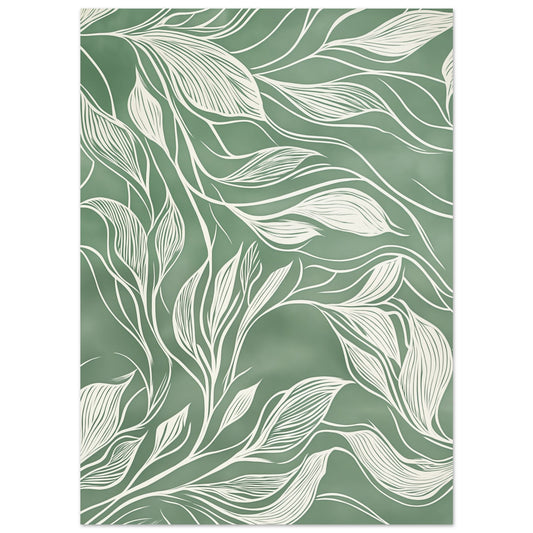 Poster „Fließende Eleganz , Abstrakte botanische Linienkunst“ mit weiße botanische Blätterlinien auf salbeigrünem Hintergrund, 13x18 cm