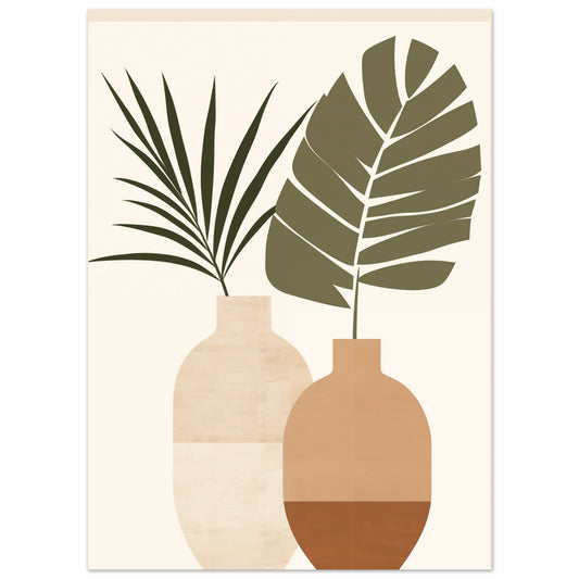 Poster „Terrakotta-Trio“ mit drei stilisierte tropische Blätter in creme- und terrakottafarbenen Vasen, 13x18 cm