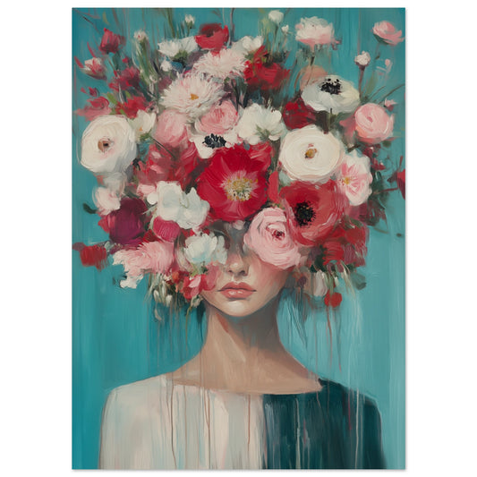 Poster „Florale Fantasie“ mit Frauenporträt mit üppigem Blumenstrauß vor dem Gesicht, 13x18 cm