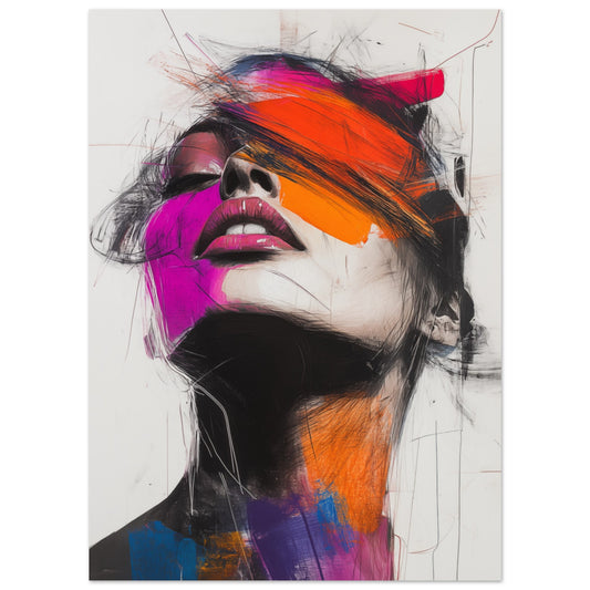 Poster „Abstrakte Farbexplosion“ mit expressivem Frauenporträt in Pink, Orange, Schwarz und Grau, 13 × 18 cm