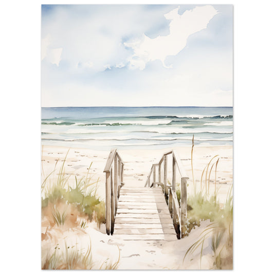 Poster „Strandzugang“ mit Holzsteg durch helle Dünen zum ruhigen Meer, 13x18 cm
