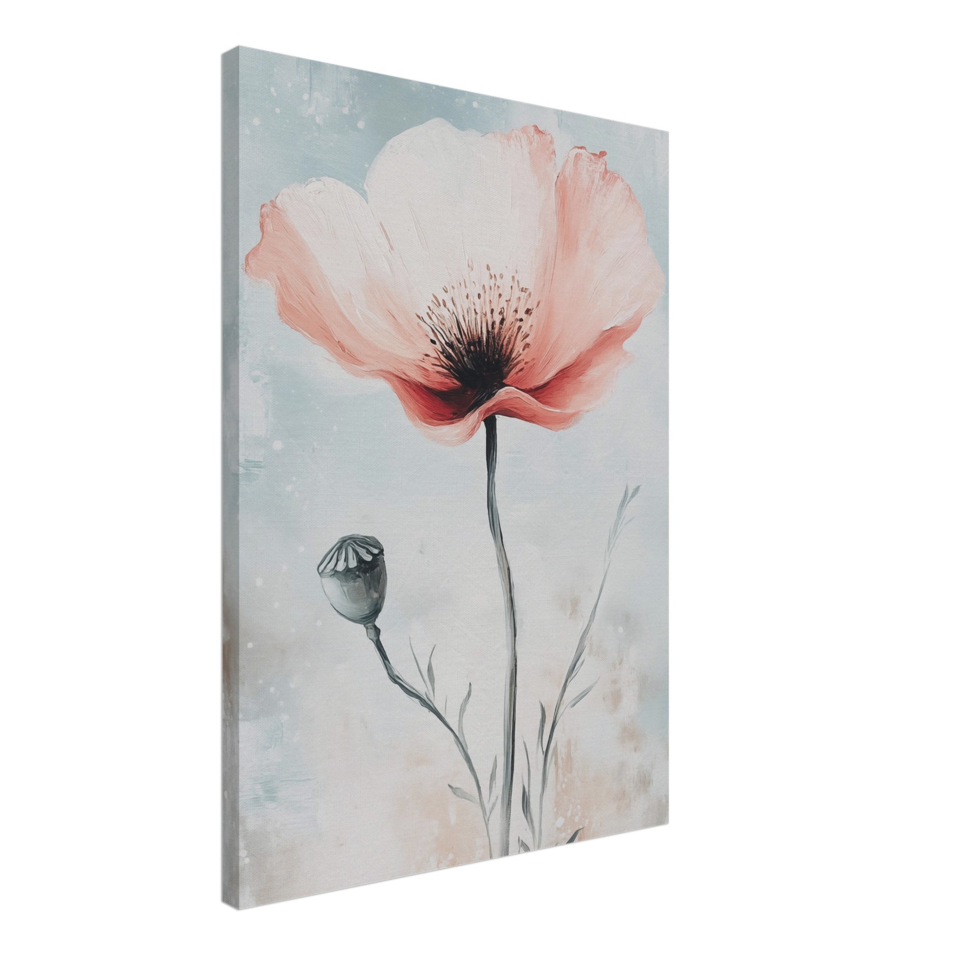 Leinwand „Mohnblume in sanften Farben“ mit zarte rosa Mohnblume vor weich aquarelliertem Hintergrund in Hellblau und Creme, 50x70 cm
