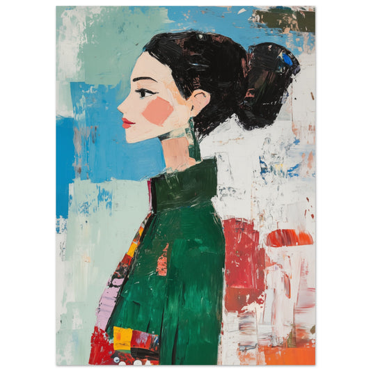 Poster „Abstraktes modernes Porträt“ mit stilisiertem Frauenporträt im grünen Kleid vor Blau und Koralle, 13 × 18 cm