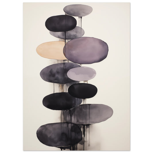 Poster „Abstrakte Harmonie“ mit gestapelten Ovalformen in Schwarz, Taupe und zartem Violett, 13 × 18 cm