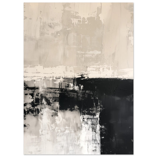 Poster „Monochrome Serenity“ mit abstrakter Komposition aus Creme und schwarzen Pinselblöcken, 13x18 cm