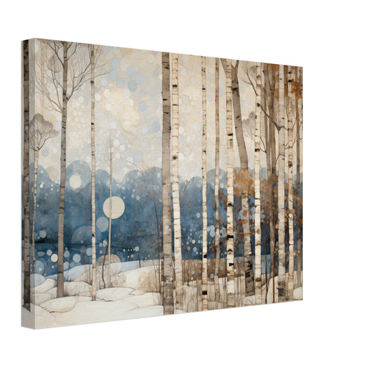 Leinwand „Winterliche Stille“ mit winterlichem Birkenwald in Creme, Grau, Blau und Beige, 30x40 cm