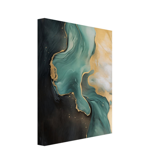 Leinwand „Celestial Aqua Flow“ mit fließende abstrakte Marmorierung in Petrol, Türkis, Gold und Schwarz, Format 20 × 25 cm