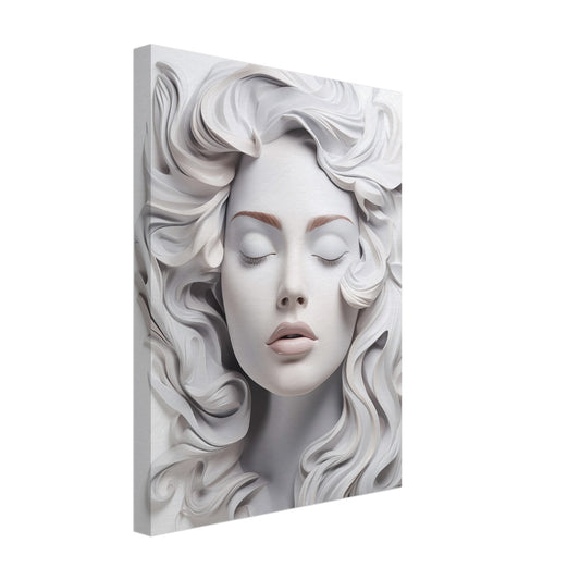 Leinwand „Frühlingserwachen“ mit weißes Frauenporträt als plastisch wirkende Reliefskulptur, 30x40 cm