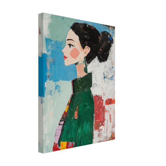 Leinwand „Abstraktes modernes Porträt“ mit stilisiertem Frauenporträt im grünen Kleid vor Blau und Koralle, 30 × 40 cm
