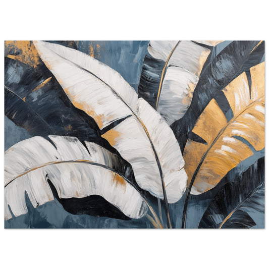 Poster „Banana Leaf Eleganz“ mit großen tropischen Blättern in Creme, Schwarz und Senfgold, 13 × 18 cm