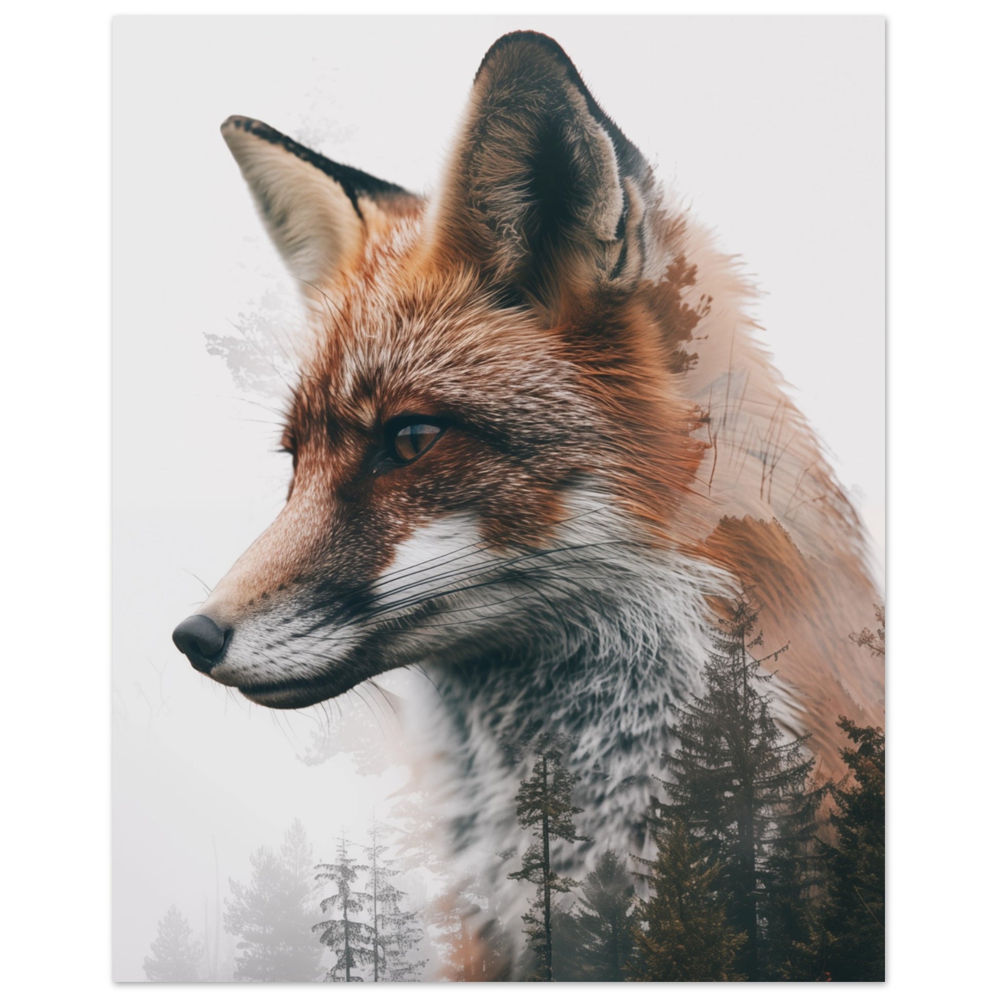 Wandbild „Fuchs im Nebelwald“ mit realistisches Fuchsprofil mit dunklem Nadelwald als Doppelbelichtung, 40x50 cm