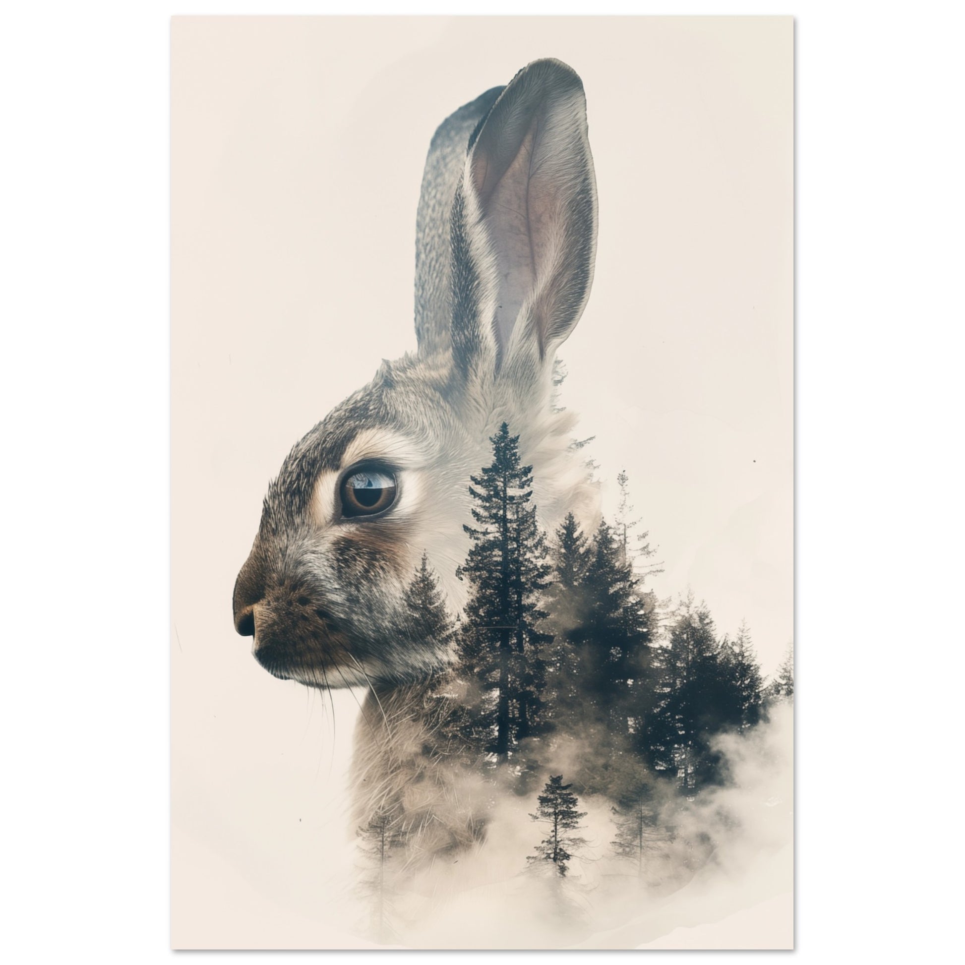 Wandbild „Hase im Nebelwald“ mit Hasenprofil mit Nadelwald und Nebel als Doppelbelichtung, 60x90 cm
