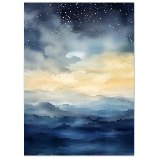 Poster „Nachthimmel über dem Meer“ mit Nachthimmel über dunklem Meer und Bergen, 13x18 cm
