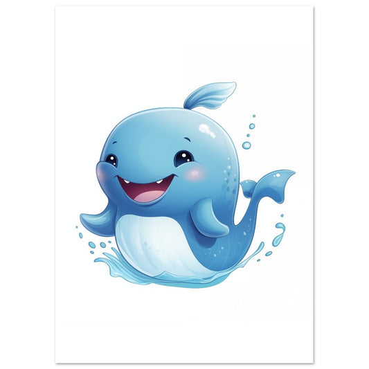 Poster „Wal "Walter"“ mit niedlicher blauer Wal mit großem Lächeln und kleinen Wasserblasen, 13x18 cm