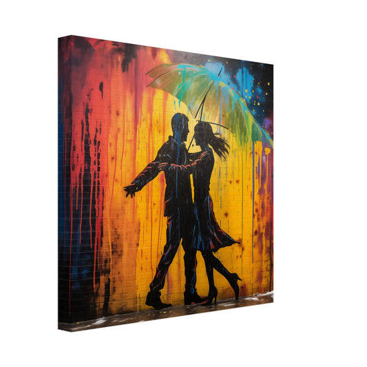 Leinwand „Rhytmus der Farben“ mit tanzendem Paar vor expressiven Farbspritzern, 30x30 cm